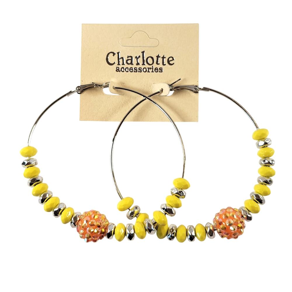 Large Yellow Beaded Hoop Earring 3" Silver Tone Rhinestone Accent Pierced Trendy
